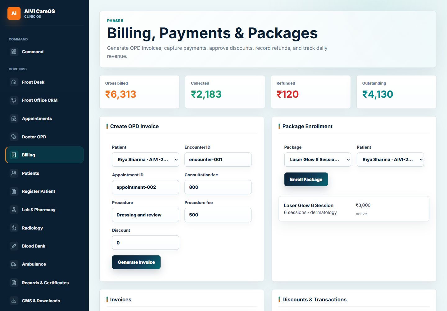 AIVI CareOS OPD Billing and Invoice Management