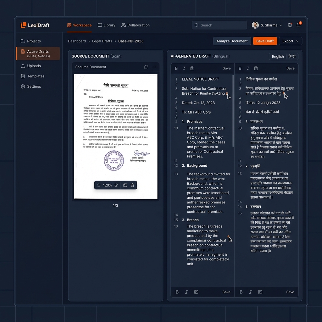 NYAYA-DRAFT Bilingual Legal Drafting Workspace Mockup